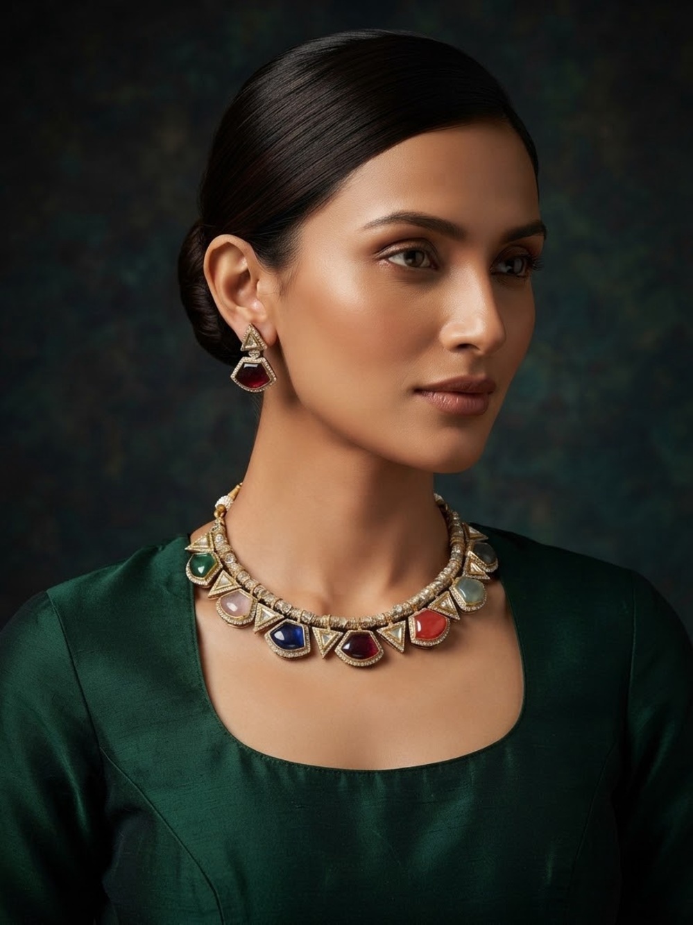 Multi-Gemstone Gold Statement Necklace & Earrings Set - Women Jewelry